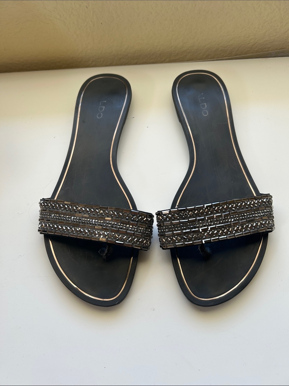 Aldo Black Beaded Slide Sandals with Gunmetal Accents